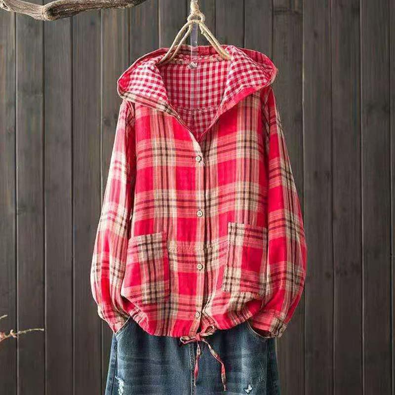Women's Hooded Double-layer Cotton Yarn Plaid Shirt   Literary Retro Casual Cardigan Top Jacket