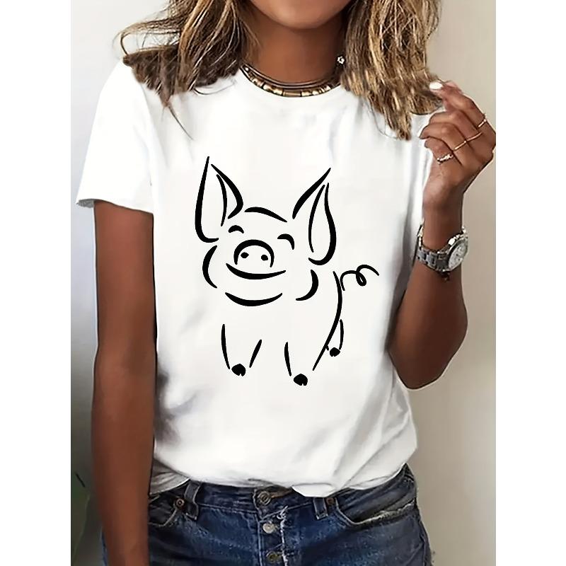Women's Cute Pig Print Casual T-Shirt Round Neck Short Sleeve All-Season Party Top