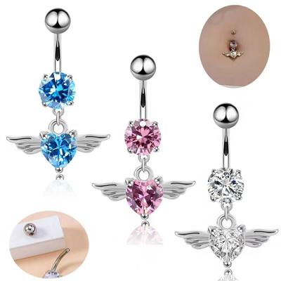 Vintage Stainless Steel Zircon Navel Ring Rhinestone Wing Angel Belly Button Ring Long Dangled Heart Body Piercing Jewelry Girls