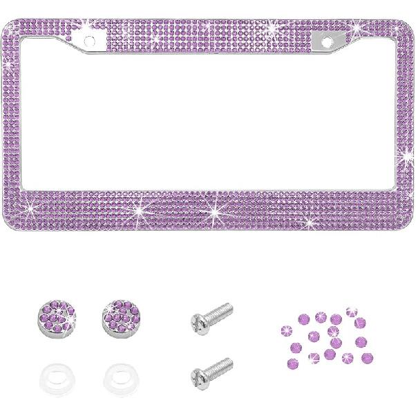 Bling Car License Plate Frame, 2 Holes Stainless Steel Sparkly Auto Tag Cover with Screws Caps, Bedazzled Rhinestone Licence Plate Holder Vehicle