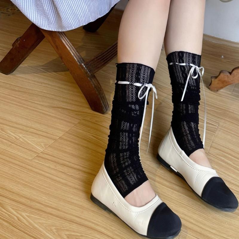 Womens Girls Summer See Through Striped Lace Leg Warmer Cute Ribbon Bowknot Lightweight Leg Cover Long Socks Stockings
