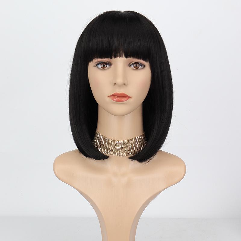 XINRAN Dámská módní černá paruka délky po ramena s úhlednou ofinou ze syntetického vlákna pro každodenní nošení, cosplay, krátký bob, černá paruka