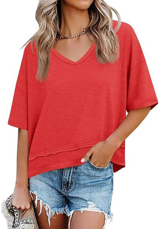 Summer 2025 Women's V-Neck Casual Loose Fit Short-Sleeve Fashion T-Shirt