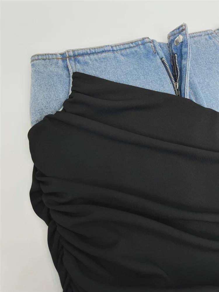 Modern Deconstructed High-Waist Black Pleated Denim Skirt with Spliced Design for Women