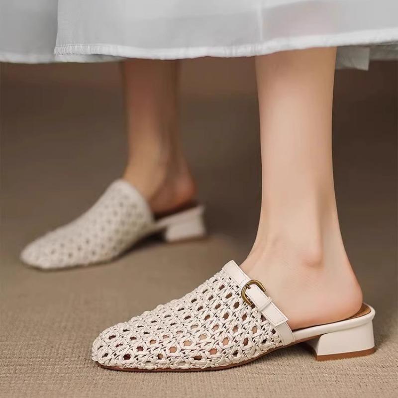 Fashion Square Toe Block Heel Slippers Women's Wrapped Toe Shallow Mouth Woven Flip Flops with Metal Buckle Soft Slip