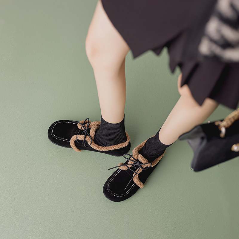 Krazing Pot Suede Fur Spring Autumn Winter Flats Lace Up Women Keep Warm Casual Shoes