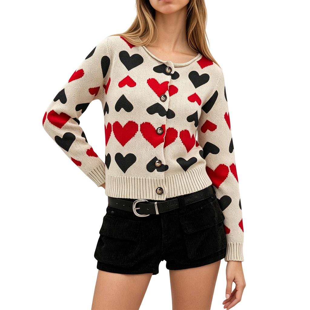 Women's Stylish Heart Print Knit Sweater Pullover