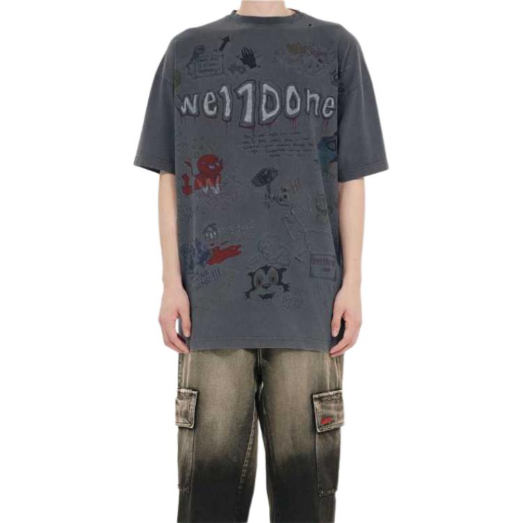 We11Done SS24 Graffiti Letter Print Round Neck Short Sleeve T-Shirt Unisex T-Shirt Gray WD-TT1-24-729-U-GY