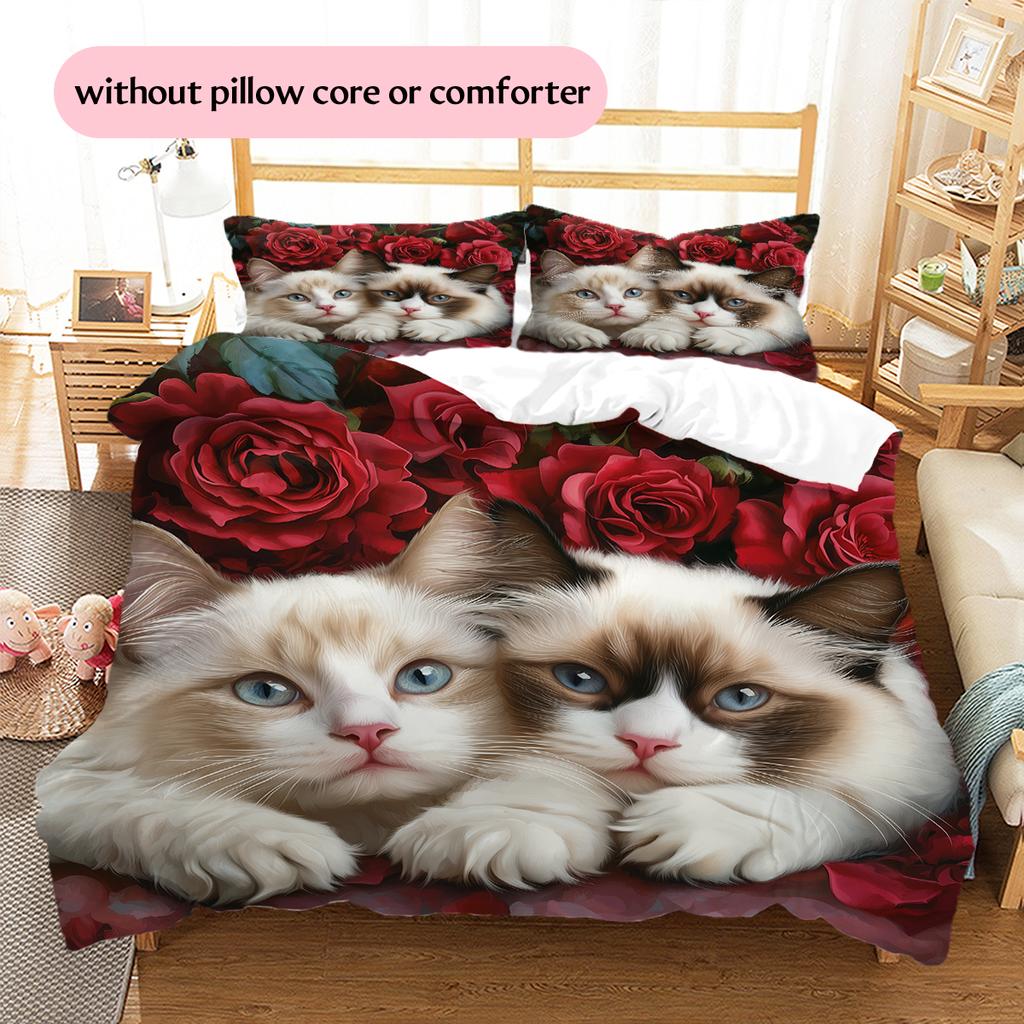 Ragdoll Cat and Rose Pattern Bedding Home Decoration Birthday Gift (1 * Duvet Cover + 2 * Pillowcase, Without Core)