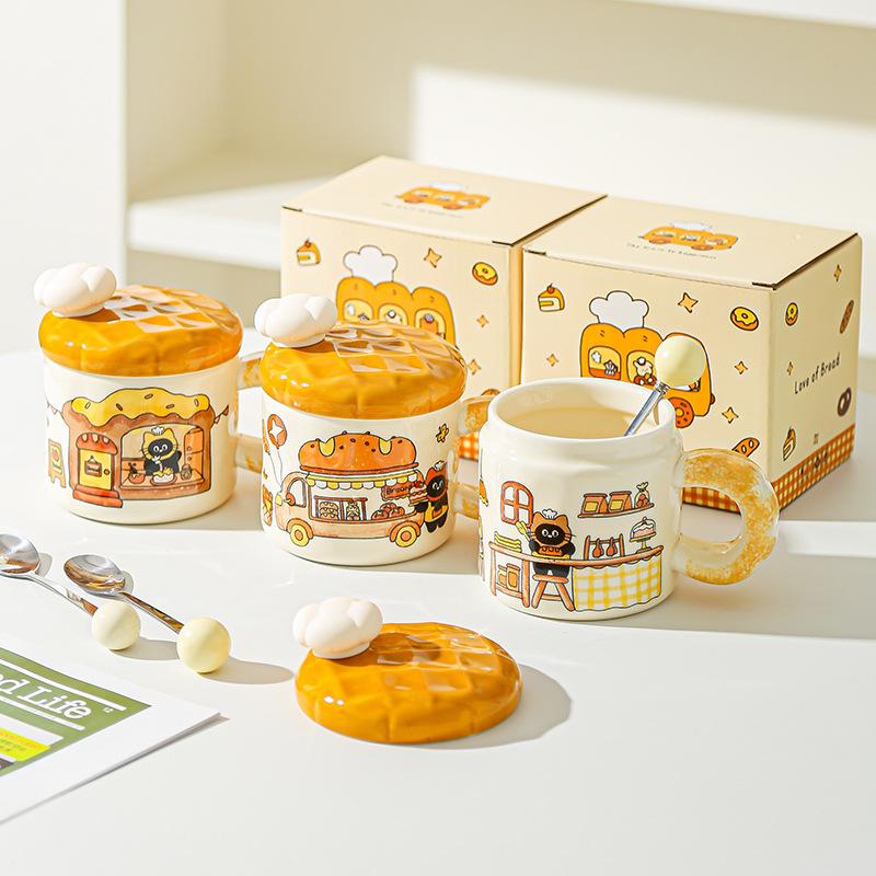Korean Creative Bread Mug Cartoon Cat Ceramic Cup with Lid Household Water Cup Birthday Gift Souvenir