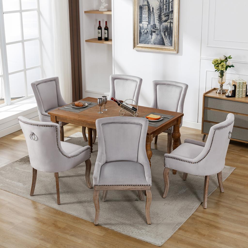 Luxurious Dining Chair (Kitchen Chair Living Room Chair, 6 pcs), Upholstered Chair with Nailhead Trim, Solid Wood Legs, Velvet Cover, Grey