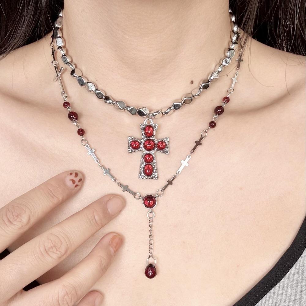 Retro Punk Multi-layer Fold Wear Red Teardrop Tassels Crystal Cross Pendant Necklace for Women Hot Girl Personality Jewelry Gift