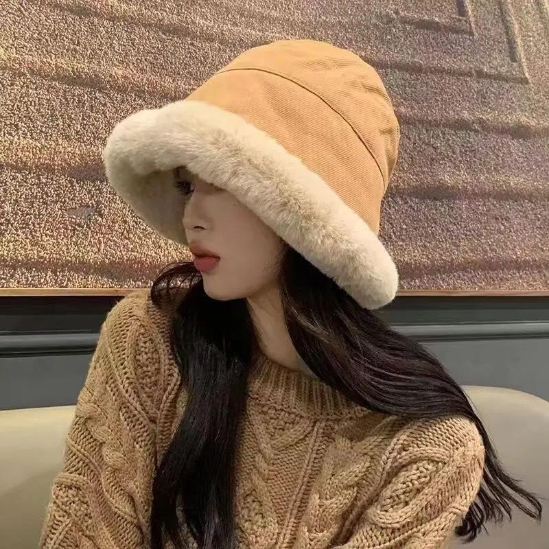 Plush bucket hat women's autumn and winter simple retro face small bucket basin hat plush warm hat
