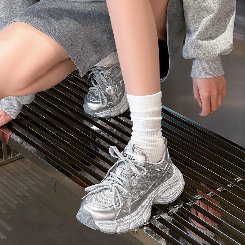 Silver Daddy Shoes Women's Spring New Mesh Breathable Leather Thick-soled Heightening Small Sneakers