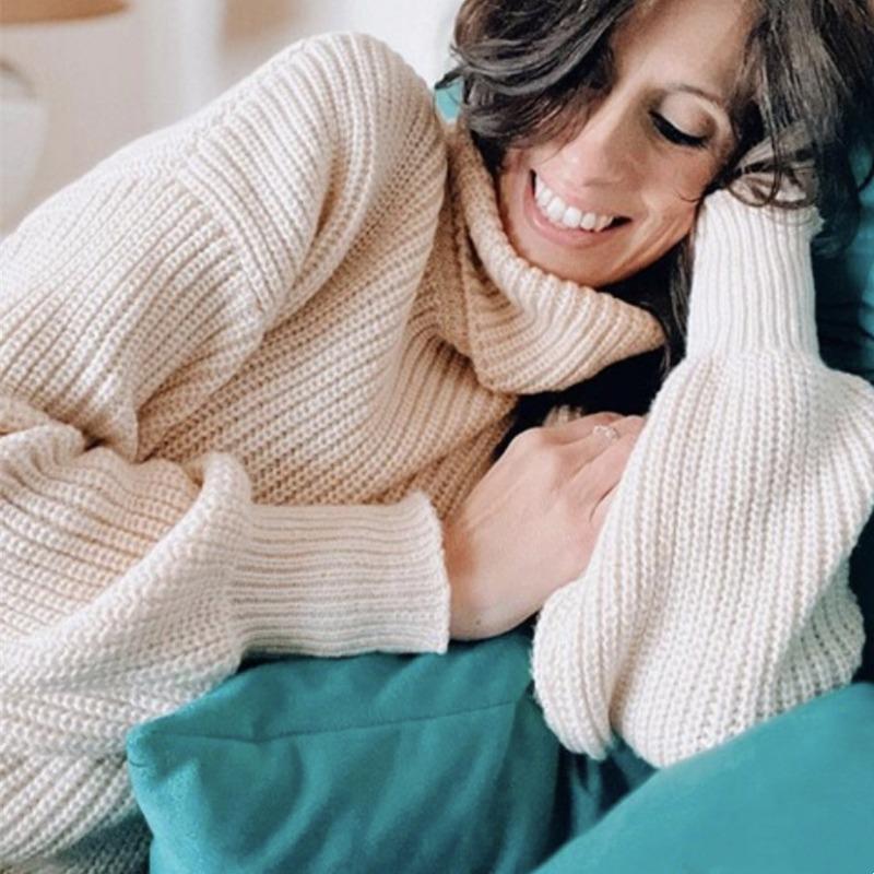 

Новый пуловер с высоким воротником, вязаный свитер, осенне-зимняя новинка, свободный повседневный топ с рукавами реглан L абрикосовый