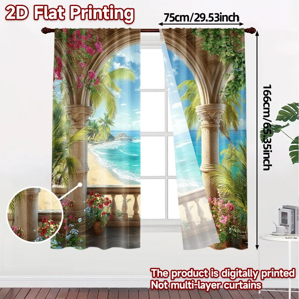 Flat Printing Curtains Without Rod Mediterranean View Chic Creative Versatile Polyester All Seasons Curtain Set Of 2 Made Washable