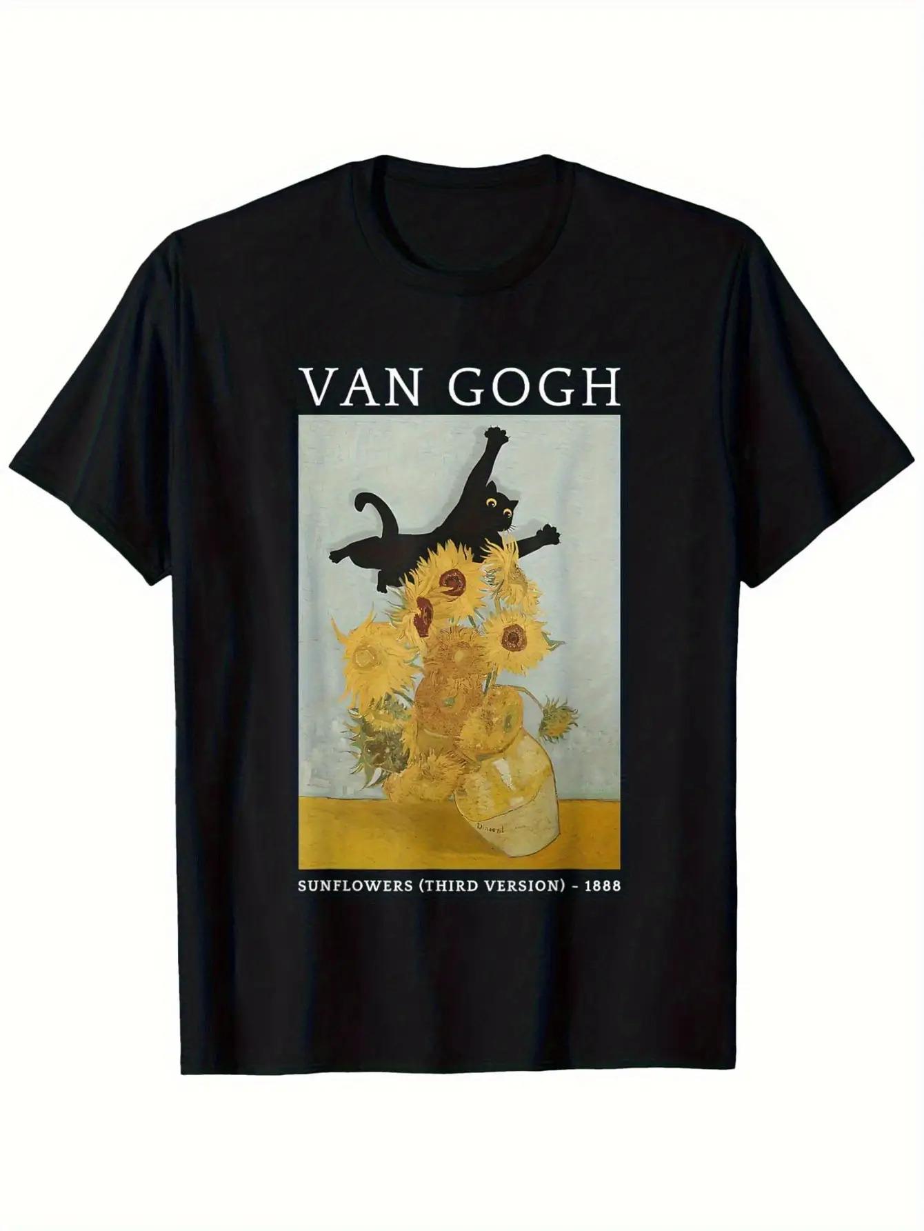 Men s Van Gogh Sunflower & Art Print T-Shirt - 230g Black Casual Round Neck Tee with Van Gogh Sunflowers S
