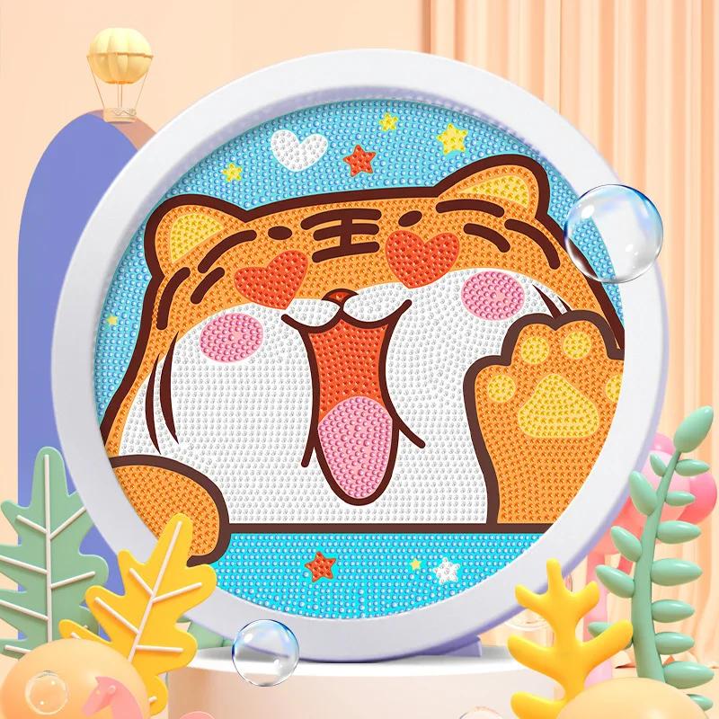 Round frame unicorn diamond painting kitten children s handmade dinosaur creative diamond stickers tiger diy point diamond paint