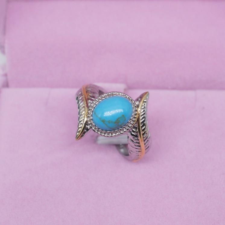 Huajie Wish Turquoise Feather Ring: European & American Two-Tone Engagement Party Jewelry