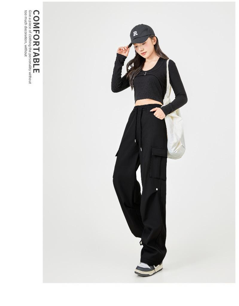 Damen Hochwertige Lässige Cargohose: Herbst/Winter-Stil, mit Plüschfutter, lockere Passform, gerades Bein, mehrere Taschen, Kordelzug, Polyester.