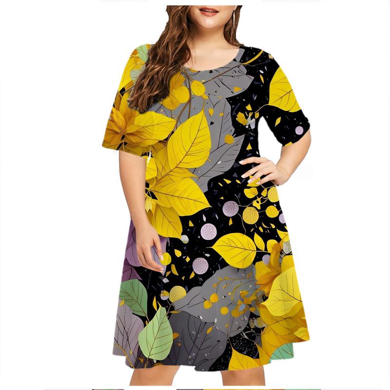 Green Leaf Raindrop Women'S Dress Short Sleeve Summer Fashion O-Neck Loose Plus Size Dresses 6XL Casual 3D Print Mini Dress 5XL