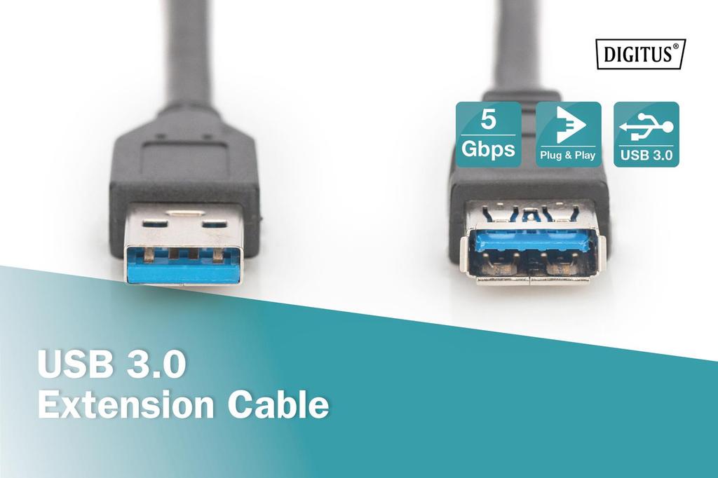 Kabel Przedłużający DIGITUS USB 3.1 Gen.1 SuperSpeed 5Gbps Typ USB A/USB A M/Ż Czarny 1,8m