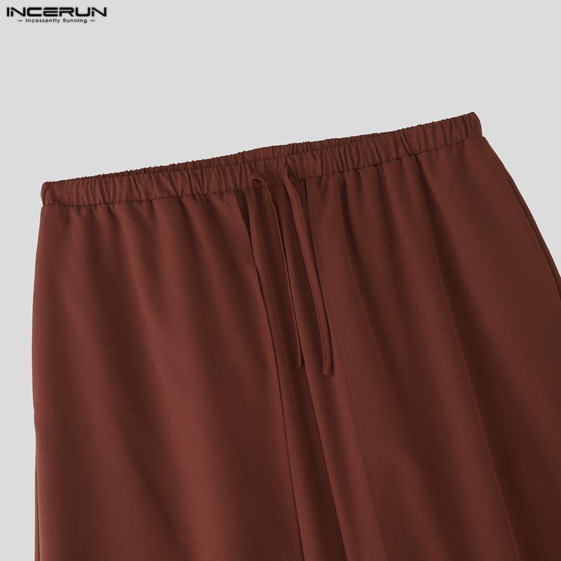 INCERUN Men Drawstring Elastic Waist Casual Long Wide Legs Pants Trousers