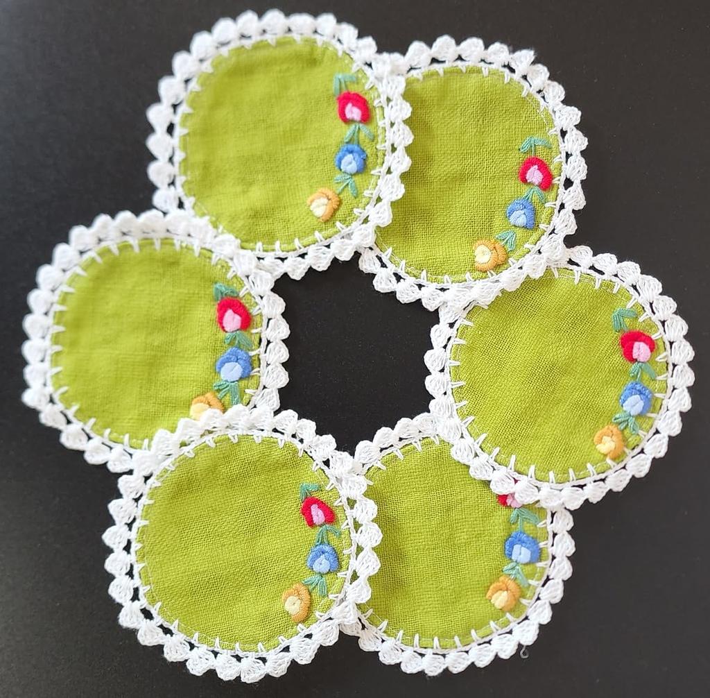 Cute and stylish floral embroidered coasters, 10cm diameter, set of 6, made from Thai cotton (green)