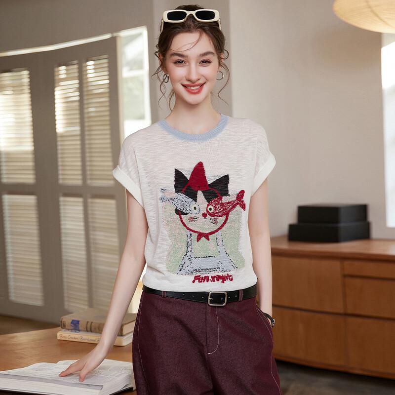 Bailuyu Women s Color-Block Jacquard Short Sleeve Knit Top S