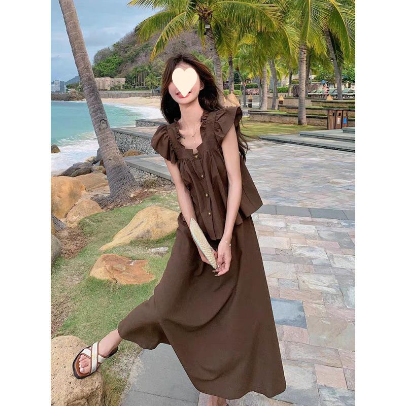 Casual Sweet Age-reducing Suit Women's Summer New Academic Style Early Autumn Wear with Small Flying Sleeves Skirt Temperament Two-piece Set