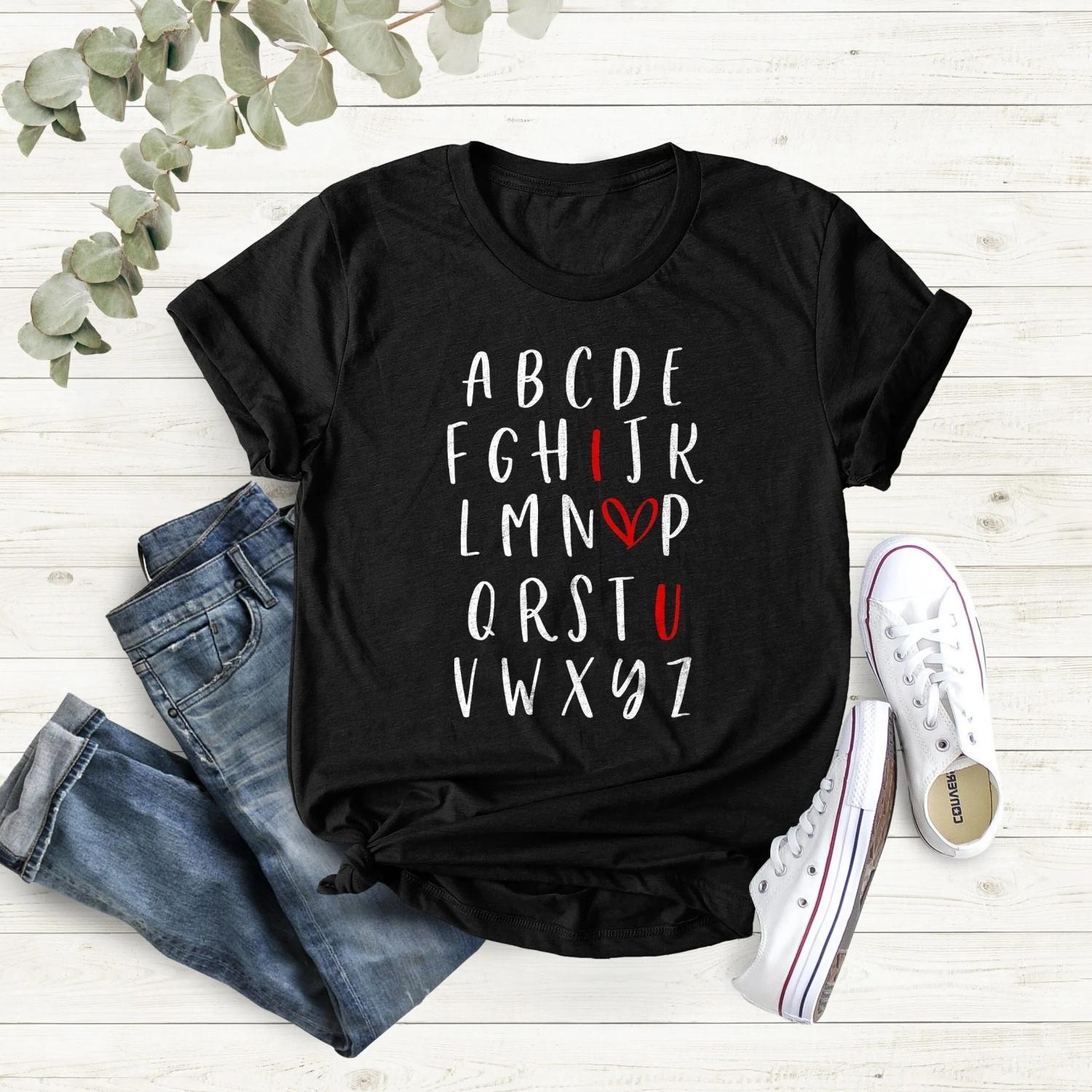 ABC I Love You T Shirt Valentines Days for Teacher Her Valentine Mom Alphabet Day S чёрный