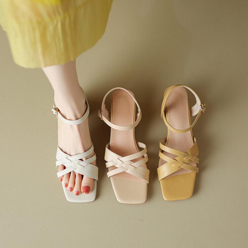 New Wide Strip Sandals Women's Summer Women's High-heeled Sandals Casual Solid Color Large Size Shoes Rubber Soft Sole Women's Shoes Square Head