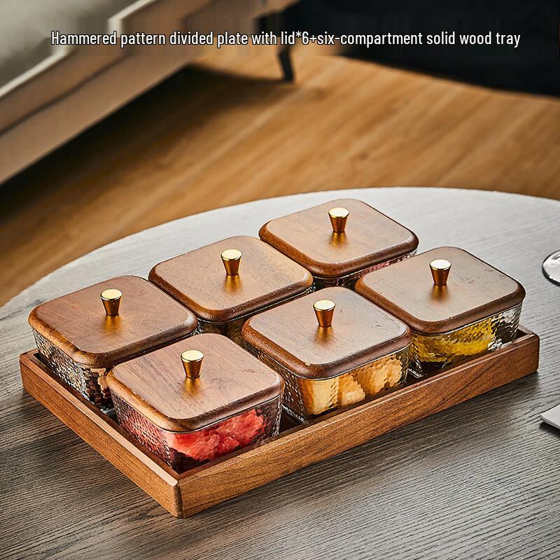 Walnut Wood Multi-Compartment Snack & Fruit Tray Square, Golden Edge Dishes with Solid Wood Tray