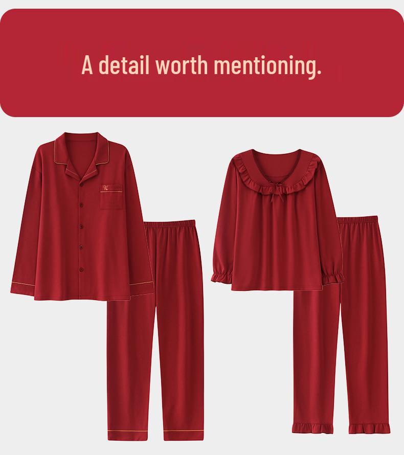 Couple's Wine Red Cotton Pajamas Set - Wedding & Festive Home Wear for Spring & Autumn