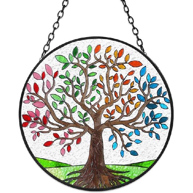 

Туитессине Дерево Жизни Витражный Ловец Солнца Тема Четыре Сезона Красочные Листья Оконное Настенное Подвесное Украшение Расписанная Вручную Стеклянная Панель Декор Подарок 6.3in
