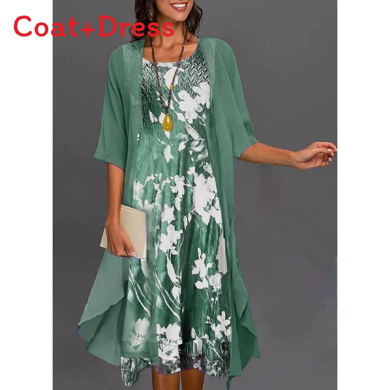 Elegant Polyester Chiffon Twopiece Dress With 3d Print For Spring Fashion