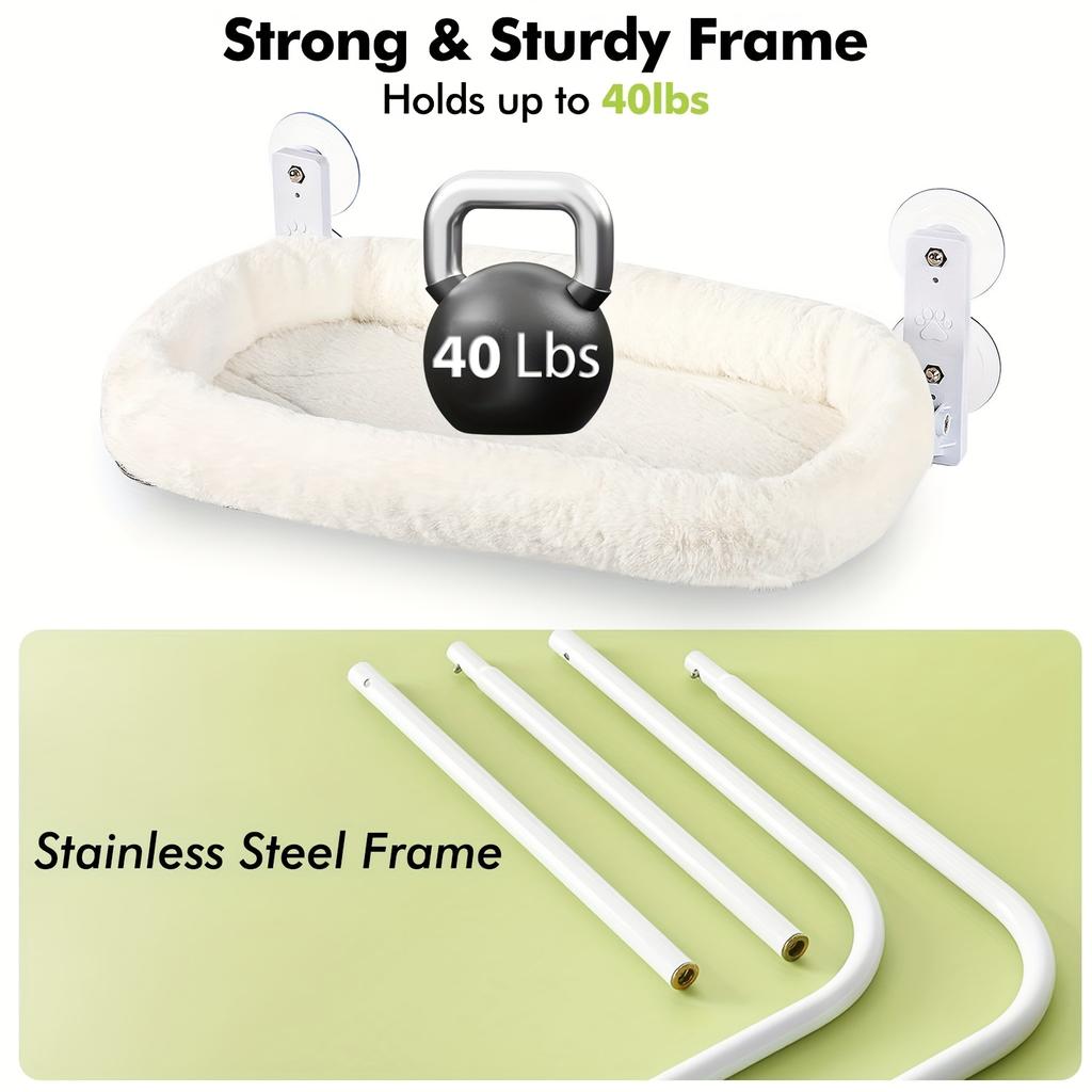 Deluxe Cordless Cat Window Perch Hammock with 4 Strong Suction Cups, Sturdy Metal Frame & Soft Plush Cover - Cozy Indoor Cat Bed