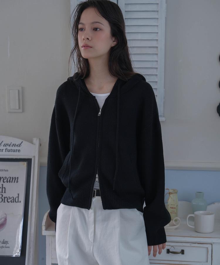 DEHEVE Two-Way Hood Zip-Up Knit [Black]