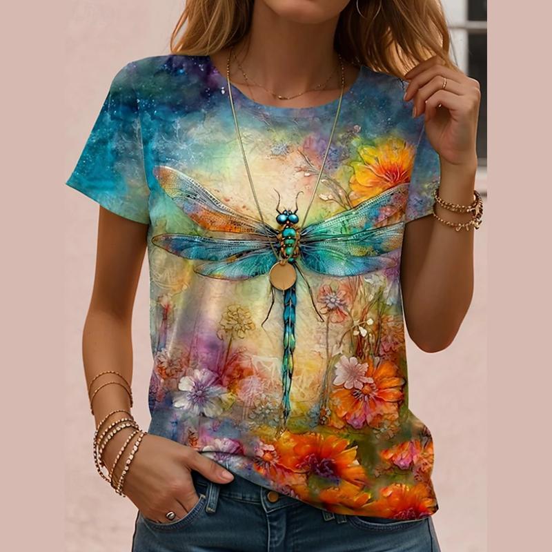 Boho Ethnic Dragonfly Print Women T-shirt Vintage Mandala Pattern O-Neck Short Sleeve Casual Tops 2026 Summer Fashion Patchwork