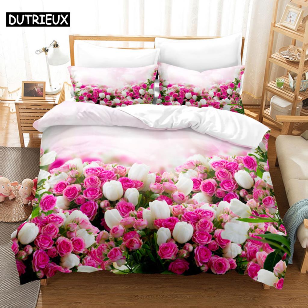 Pink Flower Duvet Cover and Pillowcases Set King Size 220x240 Double Bed Single 3D Queen Bedding Sets Pink Full Twin Quilt Linen