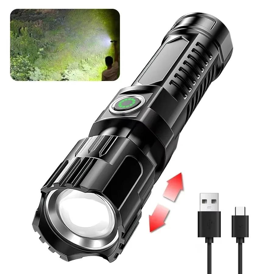 High Strong Power Led Flashlights EDC Tactical Zoomable Torch 3 Modes USB-C Rechargeable Work Fishing Emergency Defense Lantern