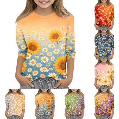 Kinder Blumenmuster Lässiges T-Shirt Rundhalsausschnitt Dreiviertelärm Leicht Bequeme Passform Weicher Stoff Oberteil für den Alltag