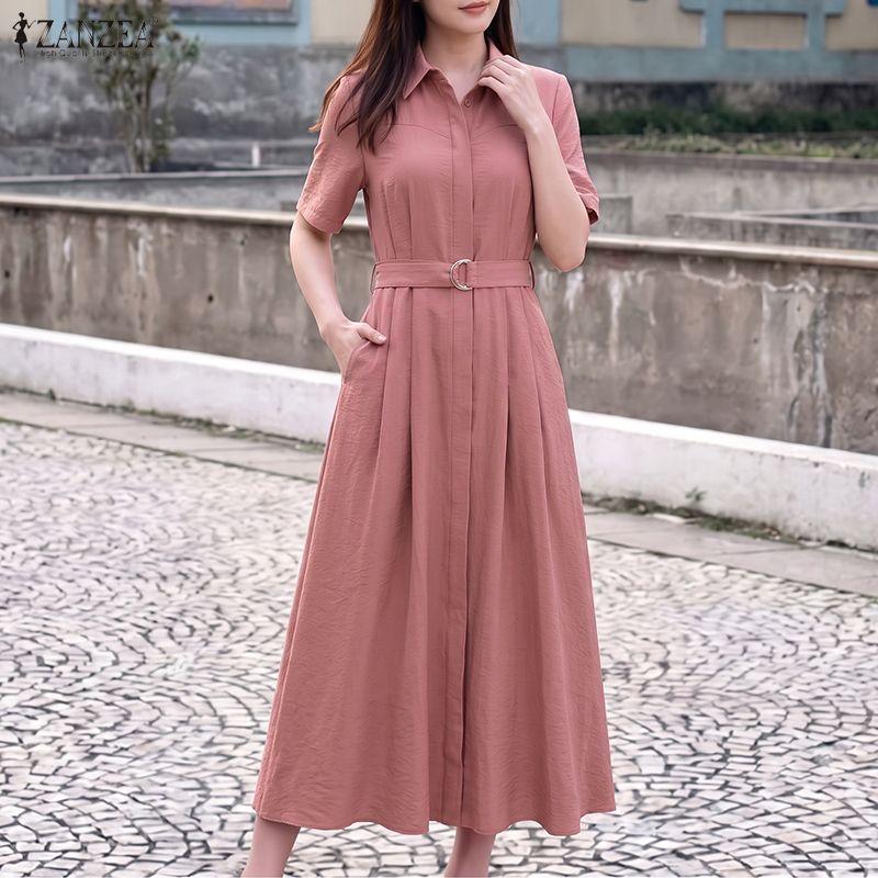 ZANZEA Women Casual Turn Down Collar Solid Color Loose Half Sleeve Long Dress