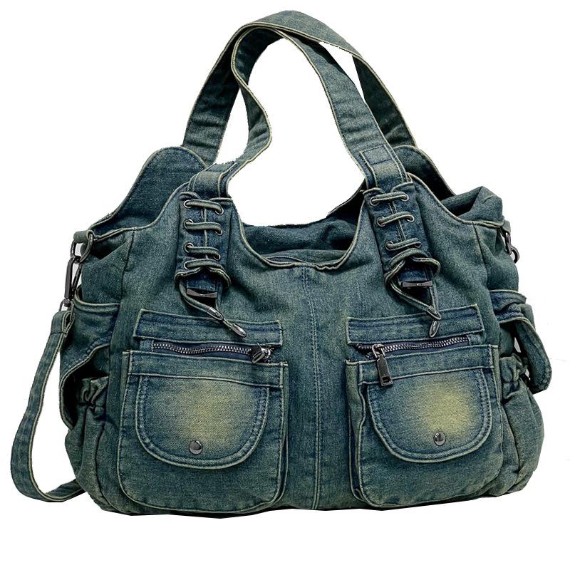 Denim Bag Women'S Wash Retro Messenger Bag Multi-Pocket Shoulder Bag Large Capacity Tote Bag