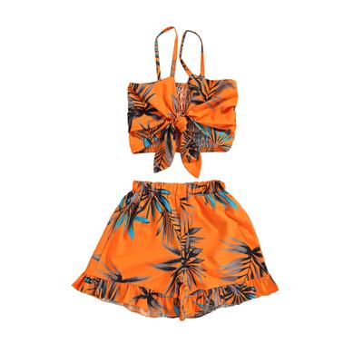 Mädchen-Tops, Shorts-Anzug, Schleife, Sling, Sommerhemd, Blattdruck, Strandweste, lockere Hose, Orange
