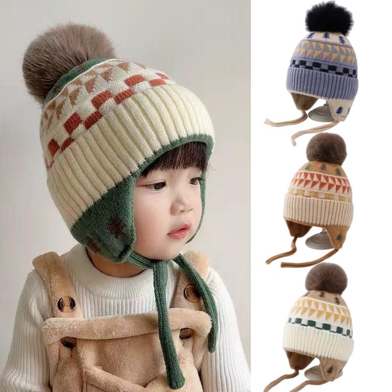 Ear Protection Baby Beanie Caps with Earflaps Soft Warm Pom Pom Winter Warm Knitted Hat for Infant Toddler Kids Boys Girls