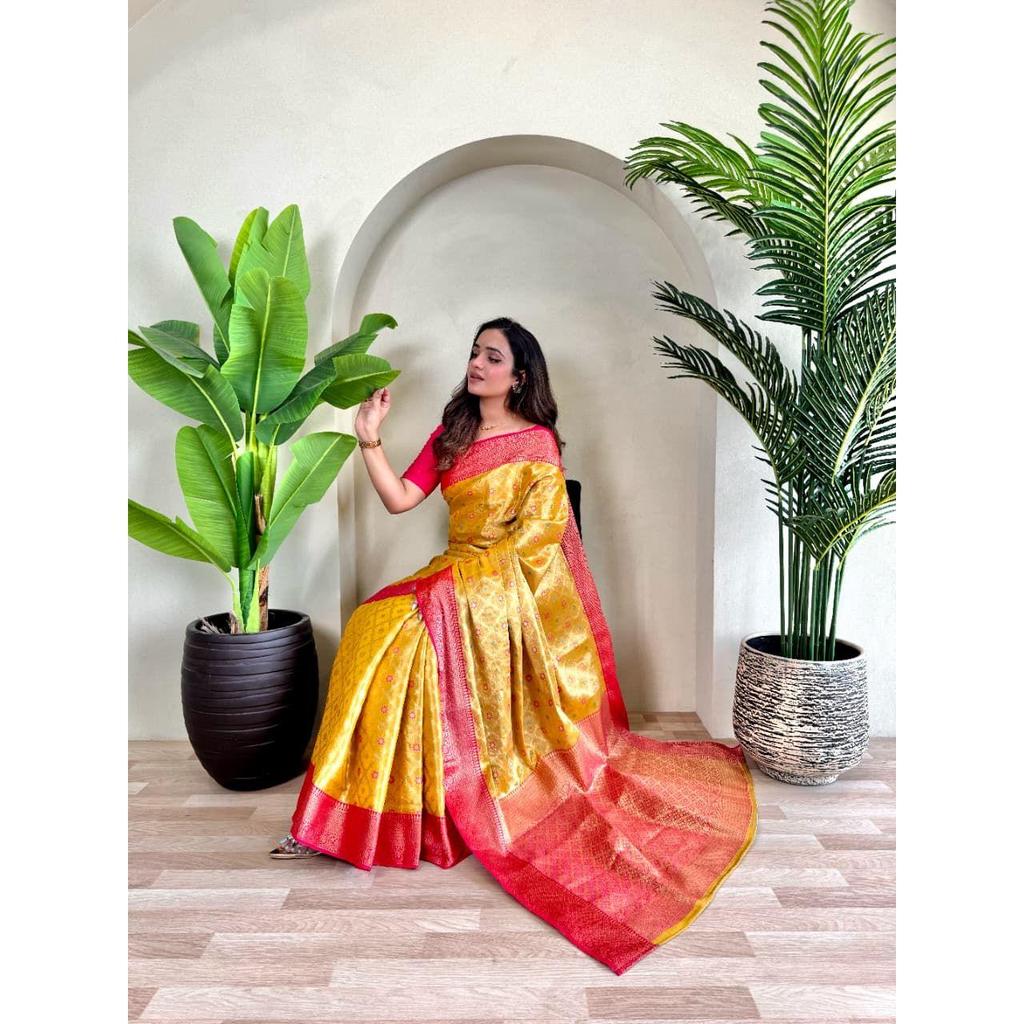 Pure Tissue Silk Saree with Zari Weaving and Meena Work with Running Blouse and Elegant Jaal On the Body.  Blouse : Contrast As Per Video