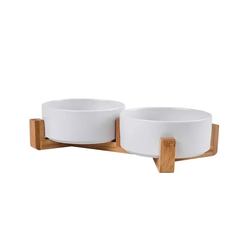Cat Bowl Ceramic Double Bowl Water Bowl Integrated Wooden Frame Protection Cervical High Foot Dog Bowl Dog Basin Drinking Bowl