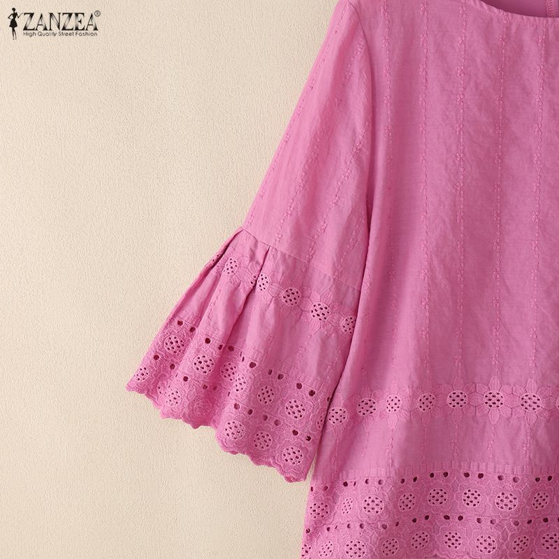 ZANZEA Women Casual Round Neck 3/4 Sleeve Loose Embroidery Patchwork Blouse
