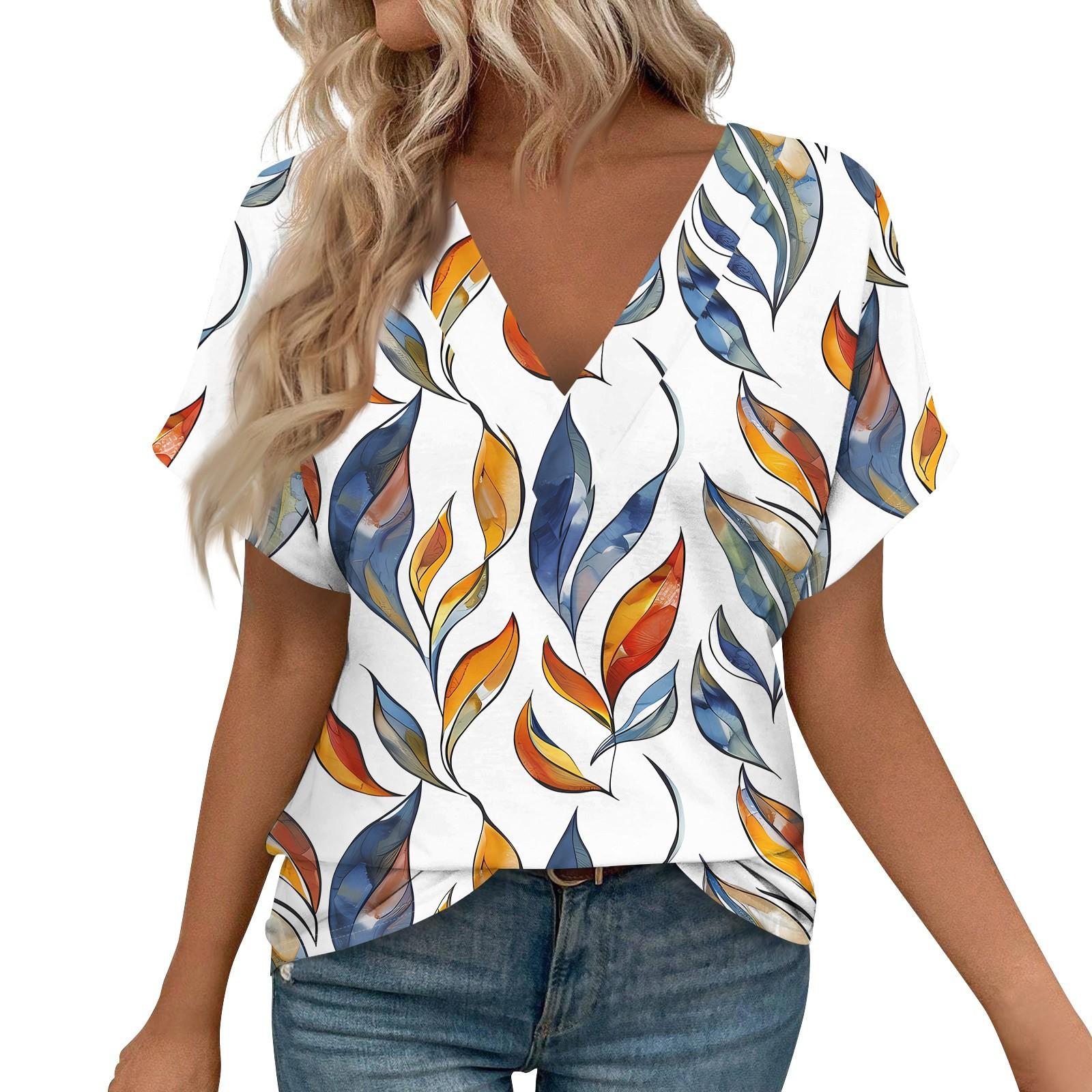 

Женские рубашки с коротким рукавом, топы с принтом и V-образным вырезом, повседневные топы, базовые футболки, блузки, свободные топы XXL оранжевый